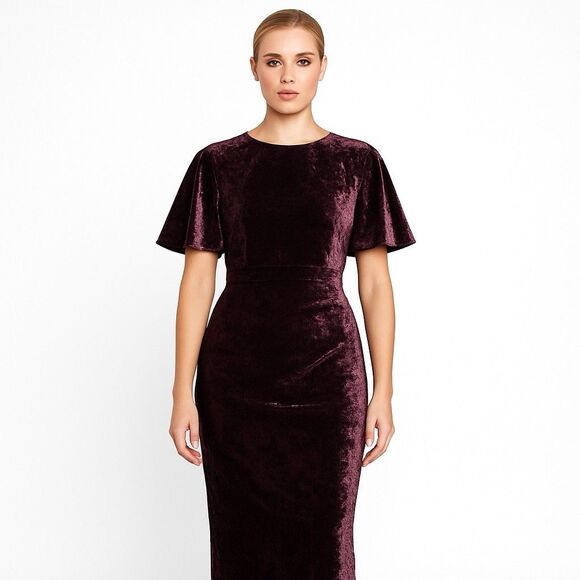 ZARA Burgundy Velvet Midi Dress Flutter Sleeve Holiday Cocktail Size S - Picture 9 of 13